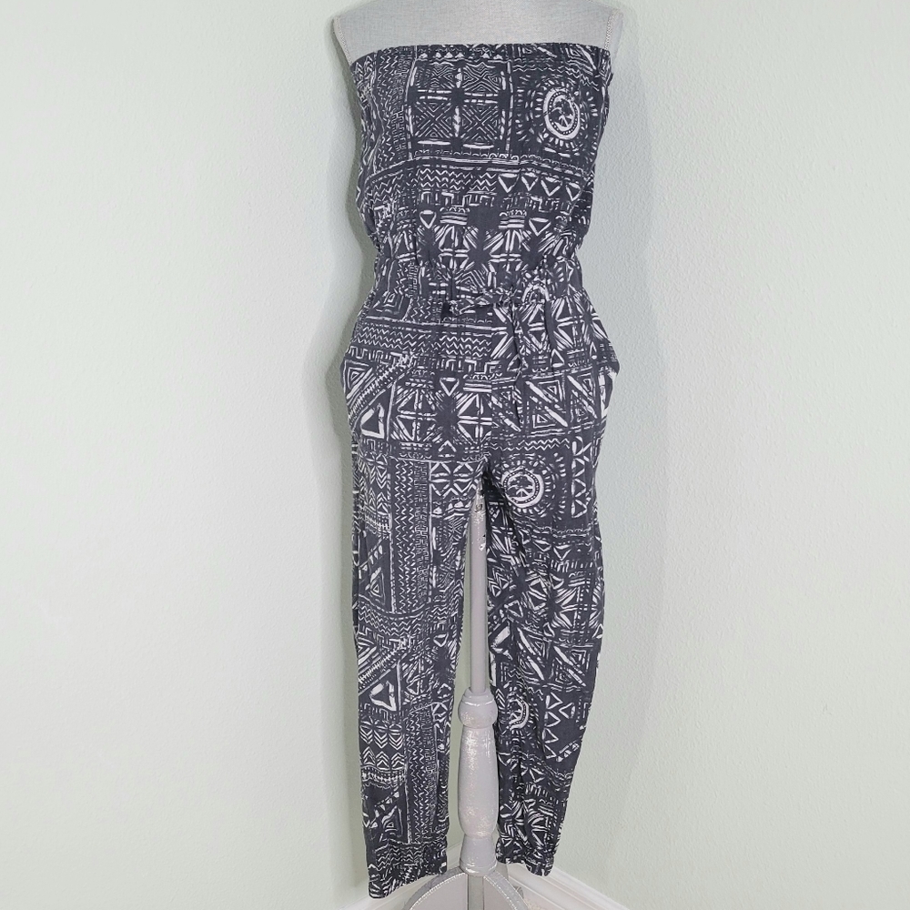 Madewell Blue & White Batik Print Cotton Jumpsuit Strapless Pockets XS